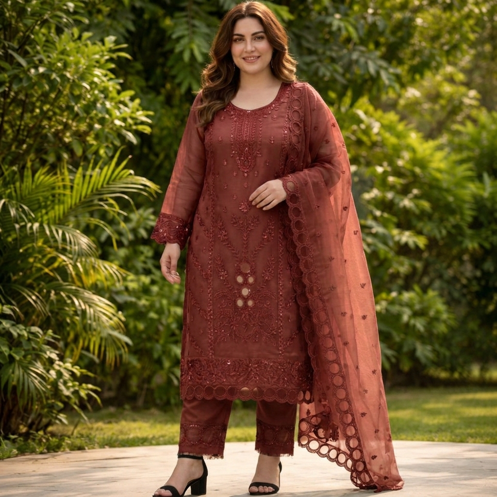 Exclusive Embroidered Georgette Salwar Kameez 4 Piece Deep Maroon